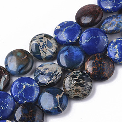 Bleu Brins de perles de jaspe impérial naturel, teint, plat rond, bleu, 14x6mm, Trou: 1.2mm, Environ 29 pcs/chapelet, 15.94 pouce (40.5 cm)