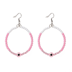 Hot Pink Resin Evil Eye & Acrylic Beaded Big Ring Dangle Earrings, 304 Stainless Steel Jewelry for Women, Hot Pink, 77mm, Pin: 0.6mm
