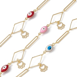 Colorful Enamel Horse Eye & Oval & Rhombus Link Chains, with Brass Paw Print Chamrs, Real 18K Gold Plated, Soldered, with Spools, Colorful, 15x2.5x0.7mm, 16x9x0.9mm, 13x5x4.3mm