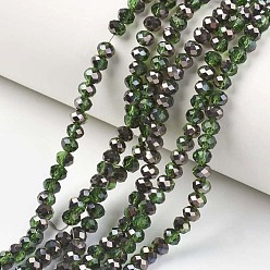 Green Electroplate Transparent Glass Beads Strands, Half Black Plated, Faceted, Rondelle, Green, 4x3mm, Hole: 0.4mm, about 123~127pcs/strand, 16.5~16.9 inch(42~43cm)
