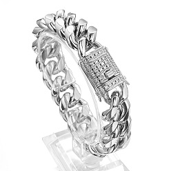 Stainless Steel Color Stainless Steel Curb Chain Bracelet with Rhinestone Clasps, Stainless Steel Color, 7-1/8 inch(18cm)