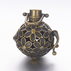 Античная Бронза Ретро подвески из латуни, для ожерелья, полый круглый с цветком, античная бронза, 25x23x19 мм, отверстия: 5.5 mm, Внутренний диаметр: 16.5 mm