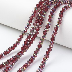 Rouge Foncé Plaquent verre transparent perles brins, la moitié rose doré, facette, rondelle, rouge foncé, 4x3mm, Trou: 0.4mm, Environ 123~127 pcs/chapelet, 16.5~16.9 pouce (42~43 cm)