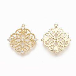 Clear Brass Micro Pave Cubic Zirconia Pendants, Flower, Nickel Free, Real 18K Gold Plated, Clear, 16x15x2mm, Hole: 0.8mm