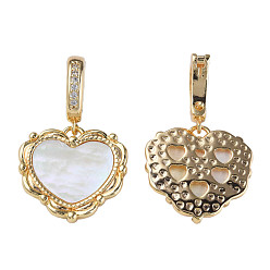 Creamy White Brass Micro Pave Cubic Zirconia Pendants, with Natural Shell, Real 18K Gold Plated, Nickel Free, Heart, Creamy White, 32mm, Hole: 6.5mm