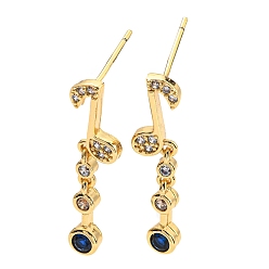 Blue Cubic Zirconia Musical Note Dangle Stud Earrings, Real 18K Gold Plated Brass Earrings, Cadmium Free & Lead Free, Blue, 27x8mm