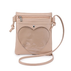 PeachPuff PU Leather Crossbody Bags, Rectangle Women Bags, with Heart Clear Window & Zipper Lock, PeachPuff, 21.5x19x1cm