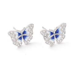 Platinum Clear Cubic Zirconia Butterfly Stud Earrings with Enamel, Rack Plating Brass Jewelry for Women, Cadmium Free & Lead Free, Platinum, 11x15.5mm, Pin: 0.7mm