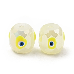 Jaune Perles de verre opaques, avec l'émail, facette, tambour avec motif mauvais œil, jaune, 10.5x10.5mm, Trou: 1.6mm