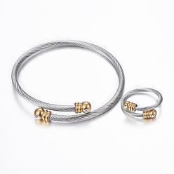 Golden & Stainless Steel Color Trendy 304 Stainless Steel Torque Bangles & Rings Sets, Golden & Stainless Steel Color, 2-1/8 inch(53mm), 17mm