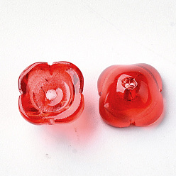 Red 4-Petal Transparent Spray Painted Glass Bead Caps, Flower, Red, 11.5x11.5x7mm, Hole: 1.6mm