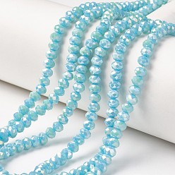 Cyan Electroplate Opaque Glass Beads Strands, Full Rainbow Plated, Faceted, Rondelle, Cyan, 8x6mm, Hole: 1mm, about 65~68pcs/strand, 15.7~16.1 inch(40~41cm)