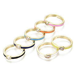 Mixed Color Adjustable Brass Micro Pave Clear Cubic Zirconia Finger Rings, with Enamel, Nickel Free, Teardrop, Real 16K Gold Plated, Mixed Color, US Size 7(17.3mm)