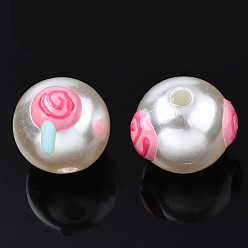 Pink ABS Plastic Imitation Pearl Beads, with Enamel, Round with Lollipop, Pink, 12x11mm, Hole: 2mm