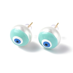 Turquoise Clous d'oreilles mauvais œil en coquillage naturel avec émail, bijoux en laiton plaqué or véritable 18k pour femmes, turquoise, 14mm, pin: 0.8 mm