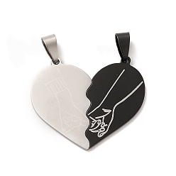Mixed Color 201 Stainless Steel Split Pendants, Heart with Hand Couple Charm, Electrophoresis Black & Stainless Steel Color, 43x38x1.5mm, Hole: 8.5x4.1mm