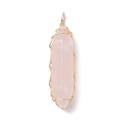 Light Gold Natural Rose Quartz Copper Wire Wrapped Pendants, Double Termimal Pointed Faceted Bullet Charms, Light Gold, 37~38x10x9.5mm, Hole: 2.5mm