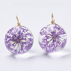 Medium Purple Glass Pendants, with Dried Flower Inside & Brass Findings, Round, Golden, Medium Purple, 19x14mm, Hole: 2mm
