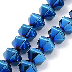 Blue Plated Electroplated Non-magnetic Synthetic Hematite Beads Strands, Faceted, Bicone, Blue Plated, 8x10x8.5mm, Hole: 0.8mm, about 49pcs/strand, 15.75 inch(40cm)