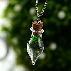 Lime Green Dried Flower Inside Glass Wish Bottle Pendant Necklaces, Platinum Alloy Jewelry for Women, Lime Green, 18.90 inch(48cm)