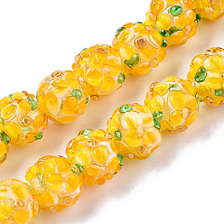 Gold Handmade Lampwork Beads Strands, Bumpy, Round with Flower, Gold, 12~13x11~12mm, Hole: 1mm, about 45pcs/strand, 19.29 inch(49cm)