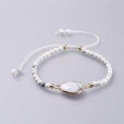 Howlite Bracelets de perles tressés howlite naturels réglables, avec les accessoires en laiton, facette, 2-1/8 pouce (5.4 cm)