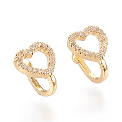 Real 18K Gold Plated Brass Micro Pave Clear Cubic Zirconia Cuff Earrings, Heart, Real 18K Gold Plated, 6x1.5~3mm