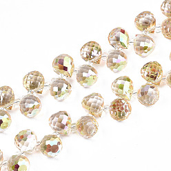 Jaune Champagne Chapelets de perles en verre transparentes  , perles percées, de couleur plaquée ab , larme à facettes, jaune champagne, larme: 9.5x8 mm, Trou: 0.8mm, perles: 3~4x2.5~3.5 mm, Environ 100 pcs/chapelet, 23.62 pouce (60 cm)
