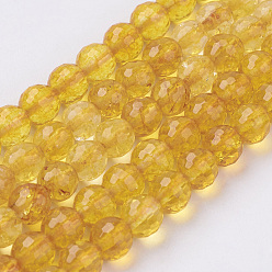 Goldenrod Natural Quartz Crystal Beads Strands, Dyed & Heated, Imitation Citrine, Faceted, Round, Goldenrod, 4mm, Hole: 1mm, about 46pcs/strand, 7.4 inch