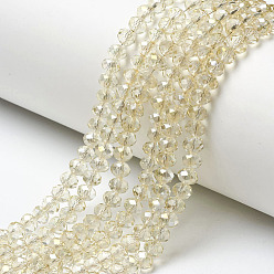 Light Yellow Electroplate Transparent Glass Beads Strands, Half Rainbow Plated, Faceted, Rondelle, Light Yellow, 4x3mm, Hole: 0.4mm, about 123~127pcs/strand, 16.5~16.9 inch(42~43cm)