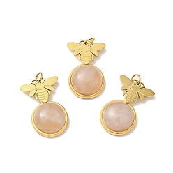 Rose Quartz Bee Natural Rose Quartz Pendants, with Ion Plating(IP) Golden Tone 304 Stainless Steel Findings, Half Round Charm, 20x13x6mm, Hole: 2.7mm
