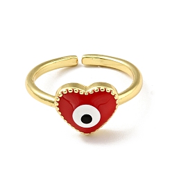Roja Anillo de puño abierto de corazón de esmalte con mal de ojo, joyas de latón chapado en oro para mujer., sin plomo y cadmio, rojo, tamaño de EE. UU. 7 (17.3 mm)