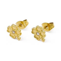 Crystal Rhinestone Clover Stud Earrings, Golden 304 Stainless Steel Jewelry for Women, Crystal, 8.5x7mm, Pin: 0.8mm