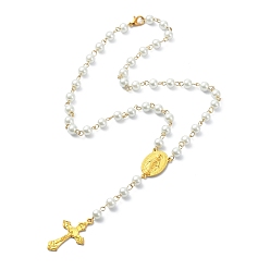 Blanco Collares de cuentas de rosario de perlas de vidrio, Collar con colgante de cruz de crucifijo de aleación y Virgen María, blanco, 17.72 pulgada (45 cm)