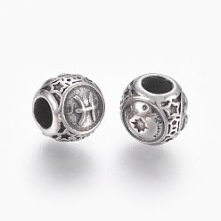 Antique Silver 316 Surgical Stainless Steel European Beads, Large Hole Beads, Rondelle, Pisces, Antique Silver, 10x9mm, Hole: 4mm