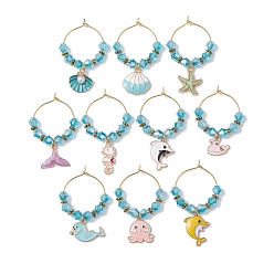 Mixed Color Ocean Theme Alloy Enamel Wine Glass Charms, with Glass Beads and Brass Charm Ring, Mixed Shapes, Mixed Color, 43~52mm