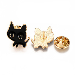 Black Alloy Enamel Brooches, Enamel Pin, with Brass Butterfly Clutches, Cat Shape, Light Gold, Cadmium Free & Nickel Free & Lead Free, Black, 18x17x2mm, Pin: 1mm