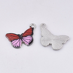 Red Printed Alloy Pendants, with Enamel, Butterfly, Platinum, Red, 13x20x2mm, Hole: 1.6mm