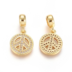 Golden Brass Micro Pave Clear Cubic Zirconia European Dangle Charms, Large Hole Pendants, Peace Sign, Golden, 24mm, Hole: 5mm, Peace Sign: 15x12.5x2mm
