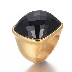 Золотой Ионное покрытие (ip) 304 перстни из нержавеющей стали, широкая полоса кольца, со стеклянными кабошонами , золотые, Размер 6~9, 16~19 мм