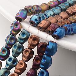 Mixed Color Electroplate Non-magnetic Synthetic Hematite Bead Strands, Frosted, Skull, Mixed Color, 10x8x8mm, Hole: 1mm, about 40pcs/strand, 15.7 inch