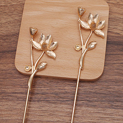 Light Gold Iron Hair Stick Findings, with Alloy Cabochons Settings, Lotus, Light Gold, Tray: 10mm and 14x10mm, 181x34x15.5mm