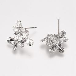 Silver Rack Plating Brass Stud Earring Findings, with Loop, Flower, Silver Color Plated, 15x14x3mm, Hole: 2mm, pin: 0.5mm