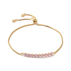 Pink Cœur en émail avec bracelet coulissant à maillons mauvais œil avec zircone cubique, bijoux porte-bonheur en laiton plaqué or véritable 18k pour femmes, rose, diamètre intérieur: 1/2~3-1/4 pouce (1.2~8.3 cm)