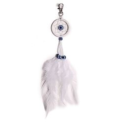 White Iron Woven Web/Net with Feather Pendant Decorations, with Blue Evil Eye, for Home Decorations, White, 270x50mm