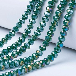 Vert Foncé Perles en verre electroplate, couleur unie opaque, de couleur plaquée ab , facette, rondelle, vert foncé, 6x5mm, Trou: 1mm, Environ 85~88 pcs/chapelet, 16.1~16.5 pouce (41~42 cm)
