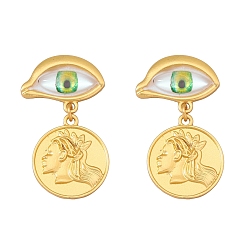 Lime Golden Zinc Alloy Dangle Stud Earrings, Eye with Human, Lime, 43x25mm