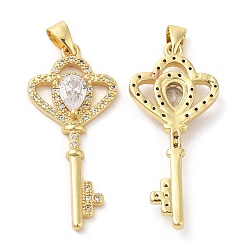 Real 18K Gold Plated Brass Micro Pave Cubic Zirconia Pendants, Lead Free & Cadmium Free, Skeleton Key Charms, Real 18K Gold Plated, 36x16x4.5mm, Hole: 5.5x3mm