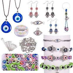 Mixed Color DIY Evil Eye Jewelry Set Making Kits, Including Resin Beads, Alloy Links & Charms & Clasp & Bead Frames, Stainless Steel Bails & Chains & Pins & Jump Rings, Brass Earring Hooks, Iron Key Ring, Elastic & Nylon Thread, Mixed Color, Resin Beads: 79pcs/box
