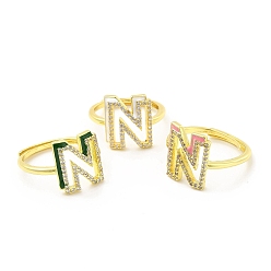 Letter N Mixed Color Enamel Initial Letter Adjustable Ring with Clear Cubic Zirconia, Real 18K Gold Plated Brass Jewelry for Women, Cadmium Free & Lead Free, Letter.N, US Size 5 1/4(16mm), Letter.N: 13.2x11.5mm